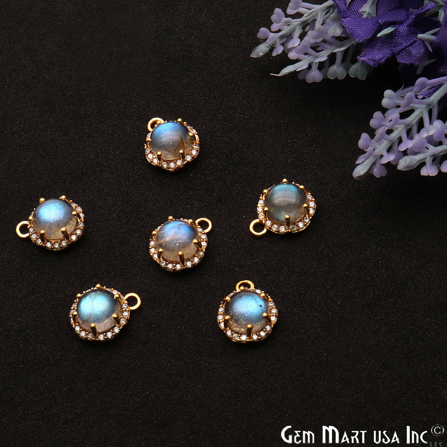 Labradorite 13x10mm Round Cabochon CZ Pave Gold Plated Gemstone Connector - GemMartUSA