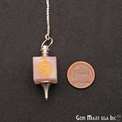 Rose Quartz Pendulum Pendant, Cube shaped Carved Gemstone, Silver Plated Chain, Dowsing Pendulum, Healing Reiki Stone 36X13MM - GemMartUSA