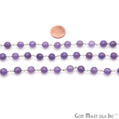 Dark Lavender Jade Faceted 8mm Silver Plated Wire Wrapped Rosary Chain - GemMartUSA