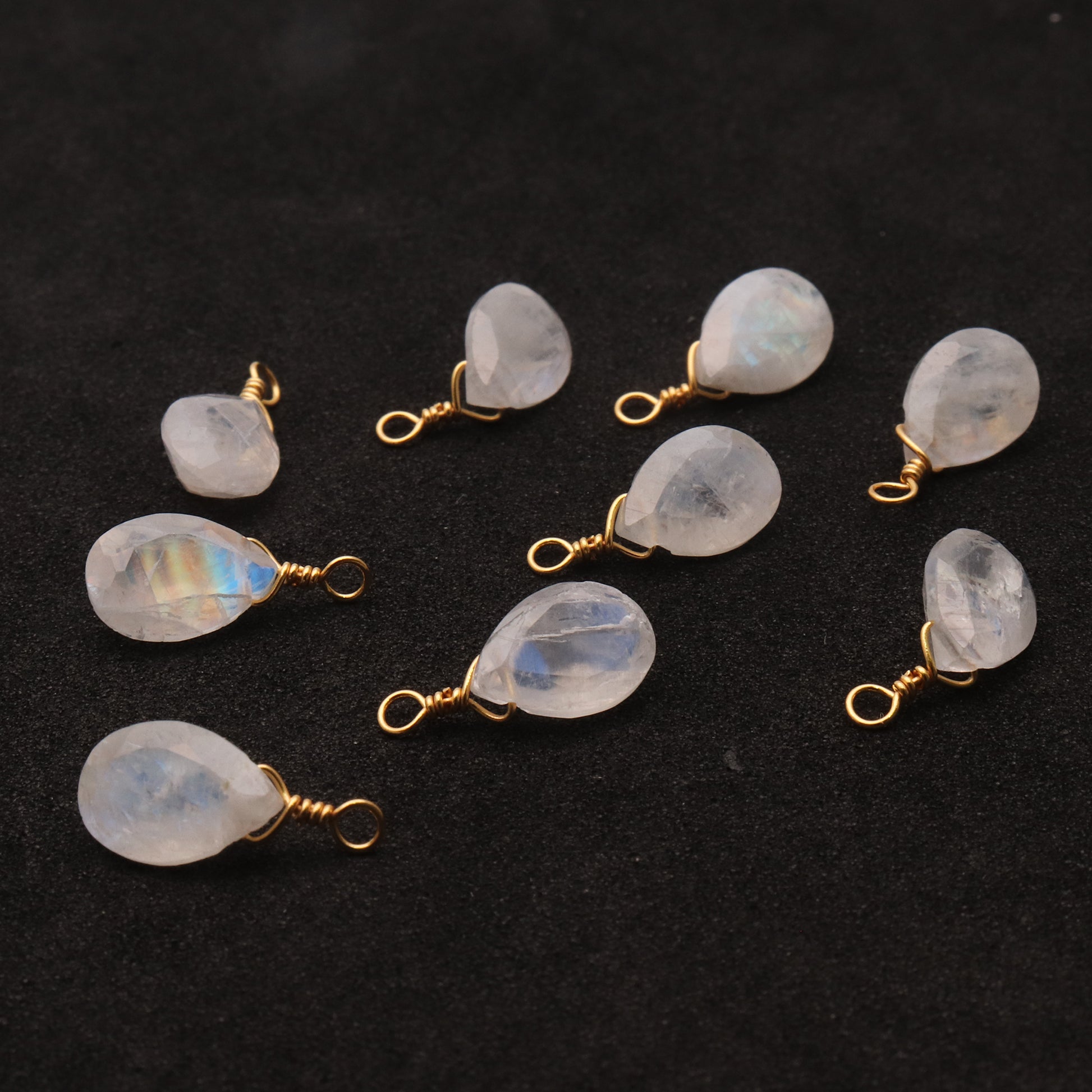 Rainbow Moonstone 7x10mm Pears Single Bail Gold Wire Wrapped Gemstone Connector - GemMartUSA