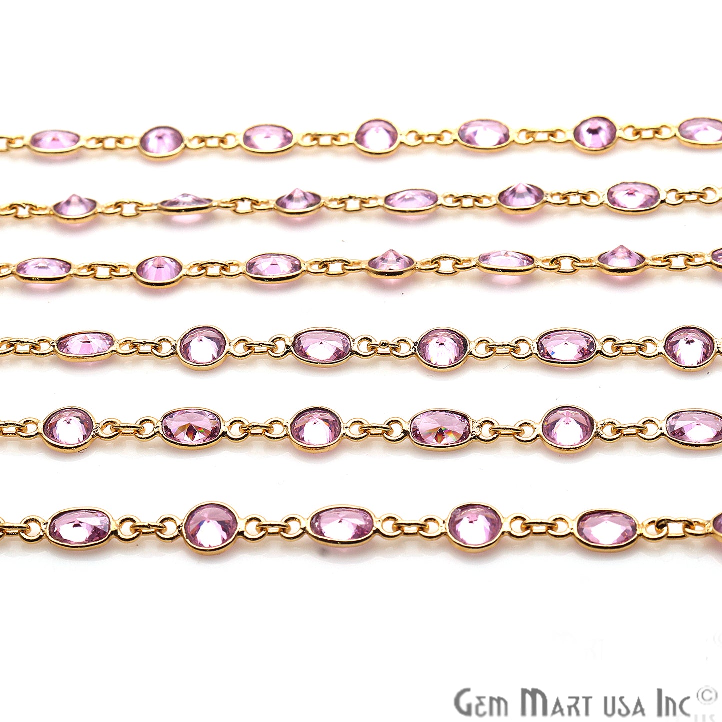 Pink Zirconia Round And Oval Gold Plated Continuous Connector Chain - GemMartUSA