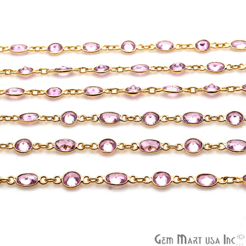 Pink Zirconia Round And Oval Gold Plated Continuous Connector Chain - GemMartUSA