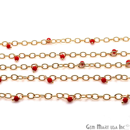 Red Coral Faceted Beads Gold Wire Wrapped Cluster Rosary Chain - GemMartUSA