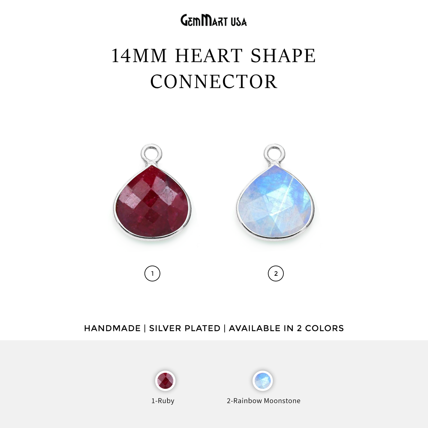 Heart 14mm Silver Bezel Single Point Bail Gemstone Connector