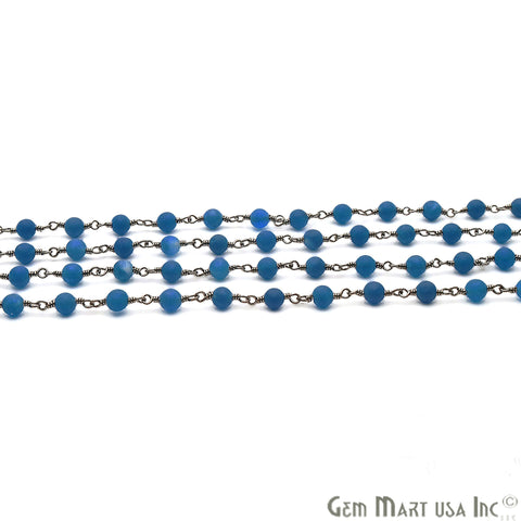 Blue Jade 4mm Round Oxidized Wire Wrapped Matte Beads Rosary Chain - GemMartUSA