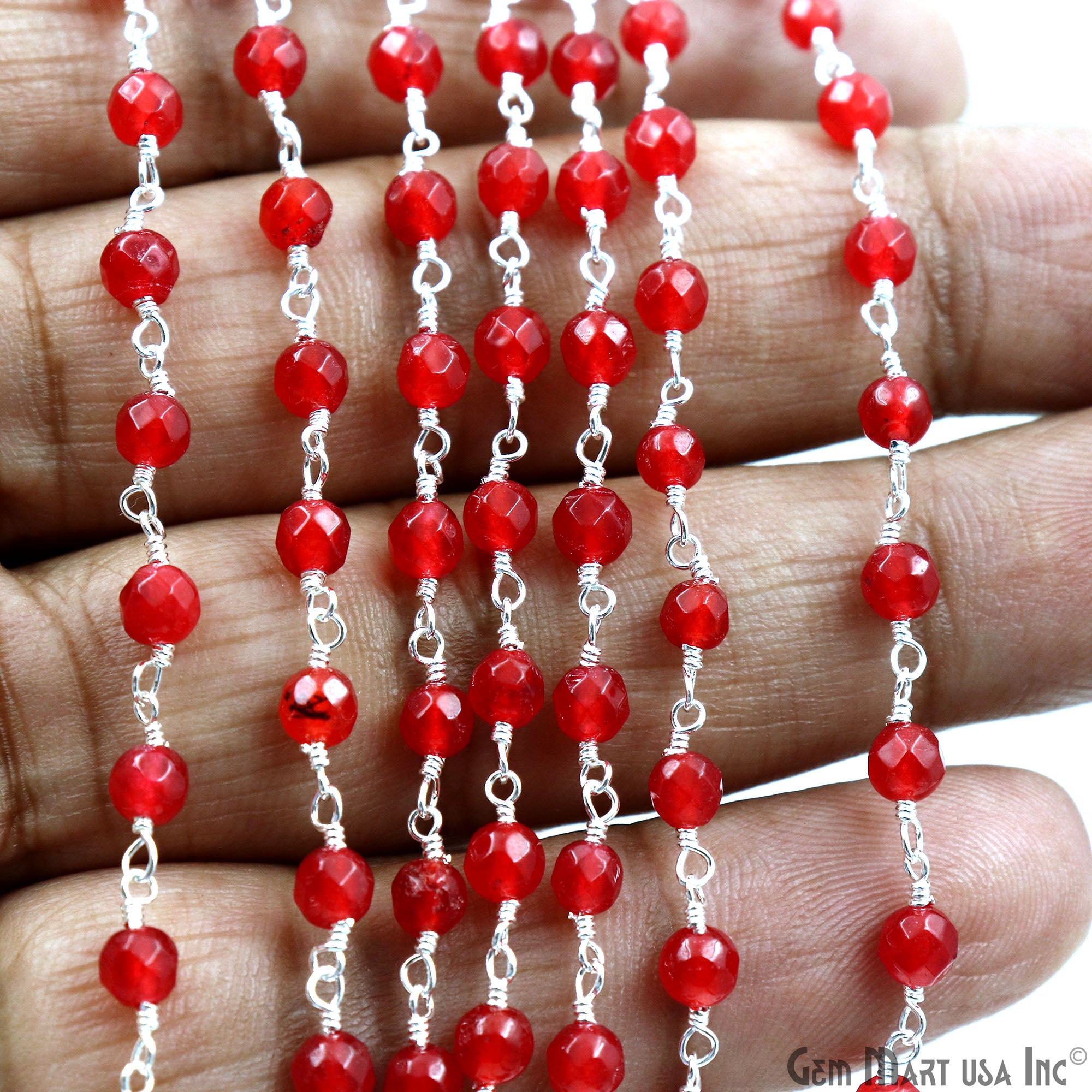 Red Jade Faceted Beads 4mm Silver Plated Wire Wrapped Rosary Chain