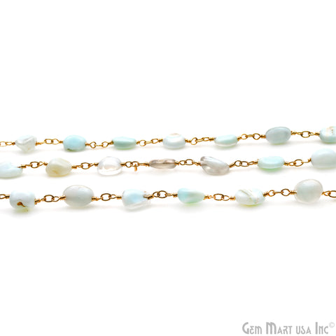 Light Amazonite Tumble Beads 8x5mm Gold Wire Wrapped Rosary Chain