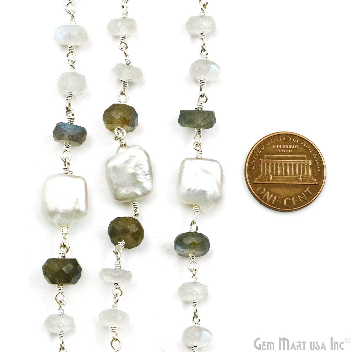 Rainbow, Labradorite & Pearl Silver Wire Wrapped Rondelle Beads Rosary Chain