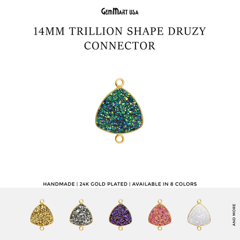Natural Titanium Druzy 14mm Trillion Gold Plated Double Bail Bezel Gemstone Connector