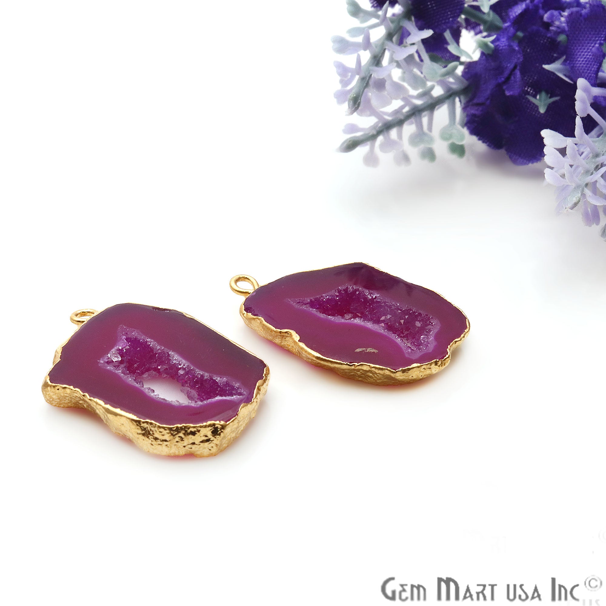 Agate Slice 30x18mm Organic Gold Electroplated Gemstone Earring Connector 1 Pair - GemMartUSA