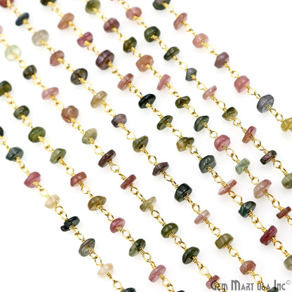 Multi Tourmaline Cabochon 4-5mm Gold Wire Wrapped Rosary Chain