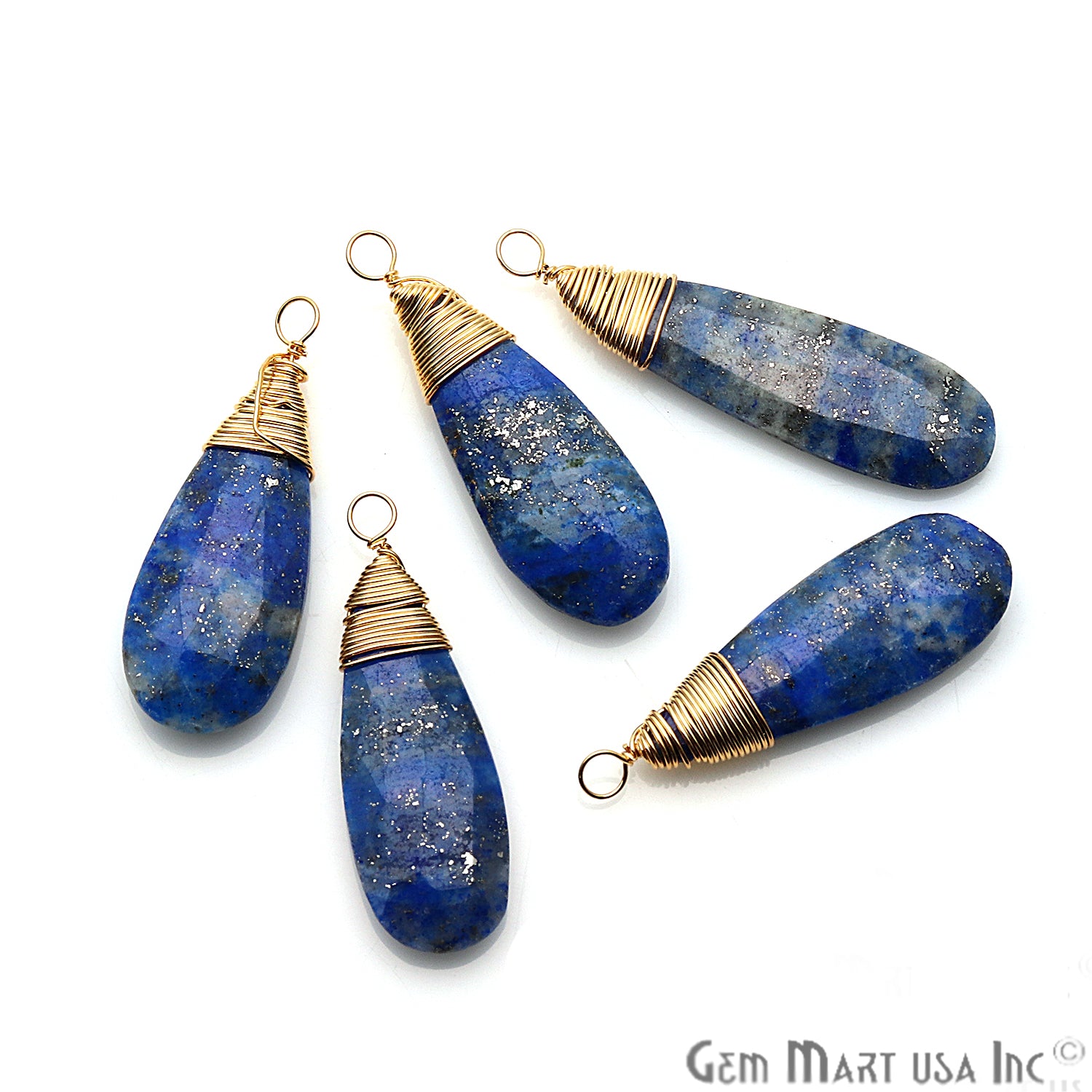 Lapis Lazuli 31x12mm Pear Shaped Gold Wire Wrapped Connector Pendant - GemMartUSA