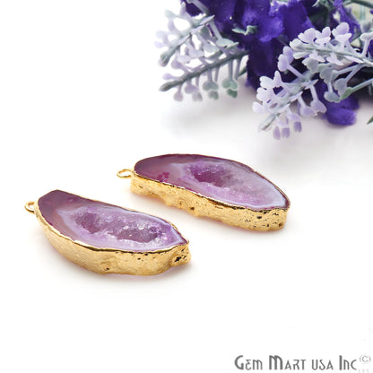 Agate Slice 14x33mm Organic Gold Electroplated Gemstone Earring Connector 1 Pair - GemMartUSA