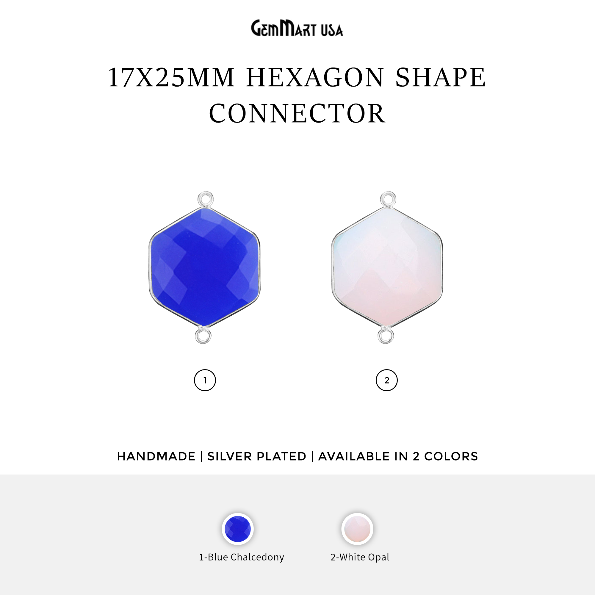 Hexagon 17x25mm Double Bail Silver Bezel Gemstone Connector