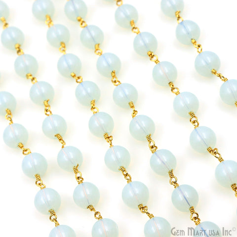 White Opal Smooth Beads 8mm Gold Plated Wire Wrapped Rosary Chain