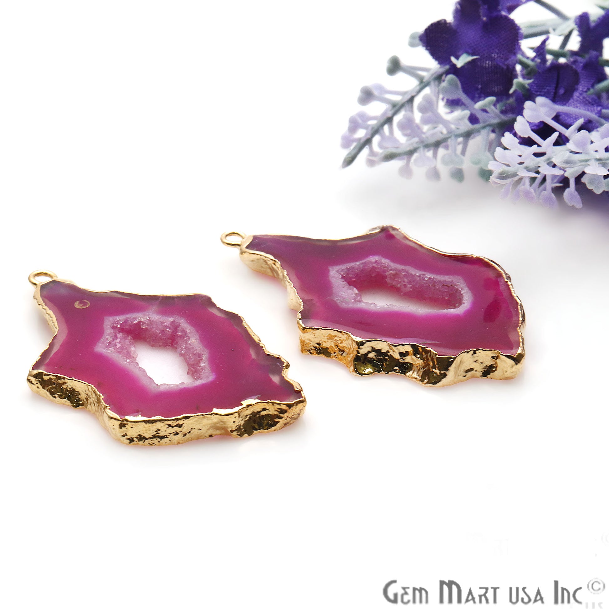 Agate Slice 46x22mm Organic Gold Electroplated Gemstone Earring Connector 1 Pair - GemMartUSA