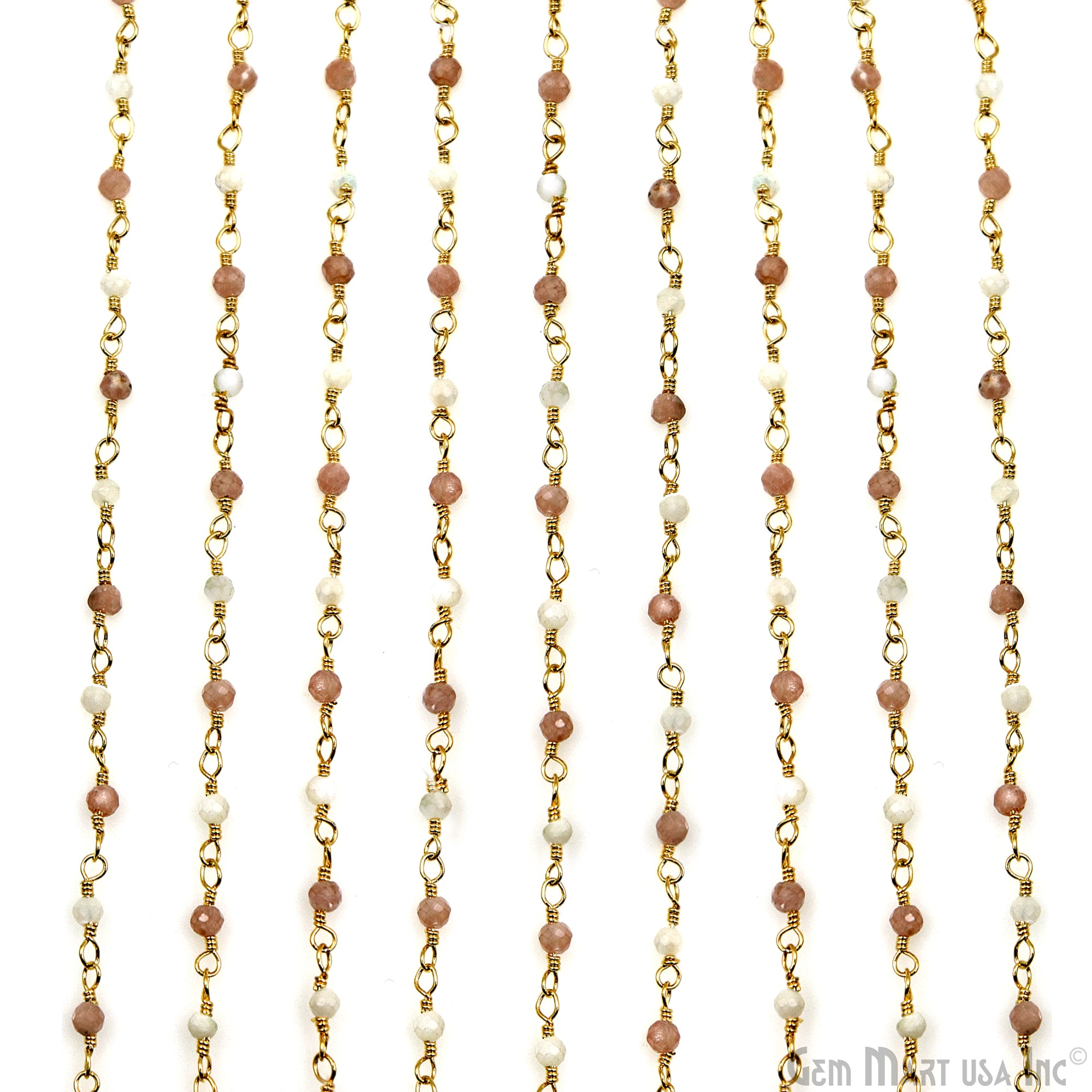 Rhodochrosite & Mother Of Pearl Gold Plated Wire Wrapped Gemstone Beads Rosary Chain