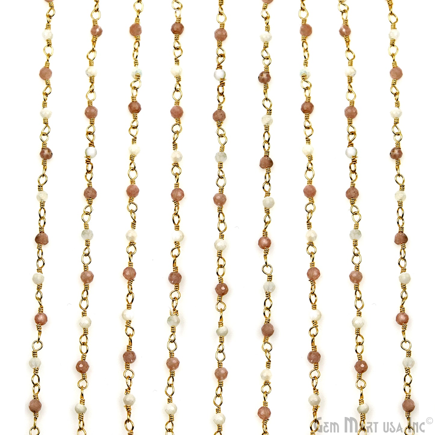 Rhodochrosite & Mother Of Pearl Gold Plated Wire Wrapped Gemstone Beads Rosary Chain