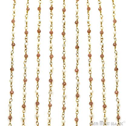 Rhodochrosite & Mother Of Pearl Gold Plated Wire Wrapped Gemstone Beads Rosary Chain