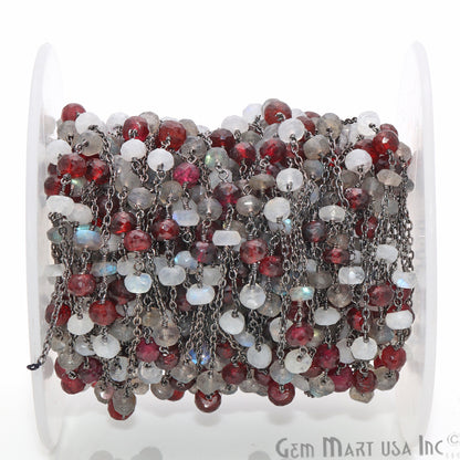 Multi Color Gemstone 5-6mm Beaded Oxidized Wire Wrapped Rosary Chain - GemMartUSA