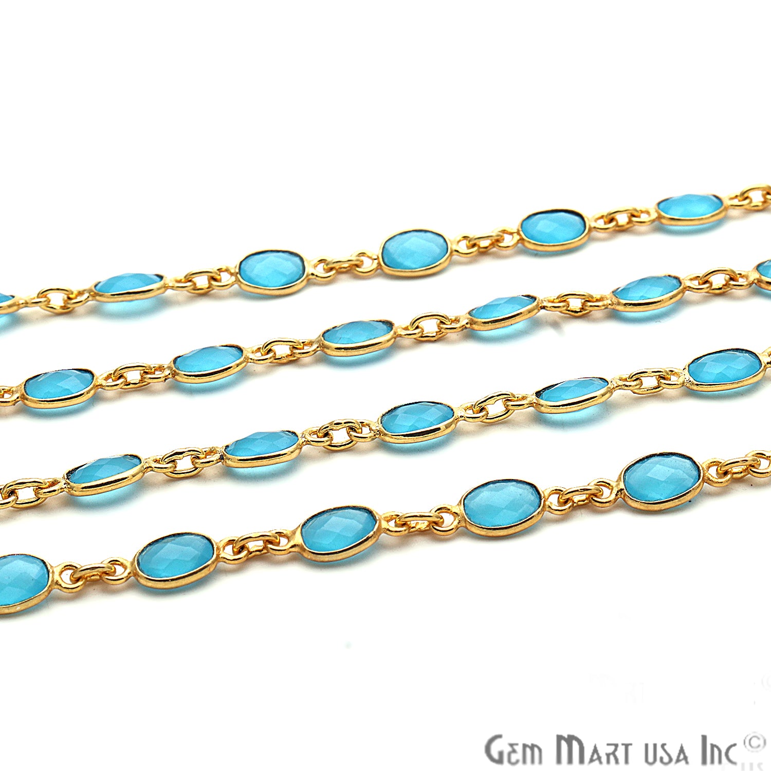 Sky Blue Chalcedony 6x4mm Bezel Gold Plated Continuous Connector Chain - GemMartUSA