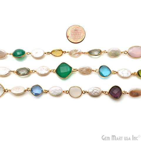 Multi-Color & Mix Shape Gemstone With Oval Pearl Beads 10-15mm Gold Bezel Faceted Continuous Connector Chains