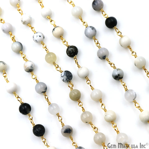 Dendrite Opal Smooth Beads 4mm Gold Wire Wrapped Rosary Chain