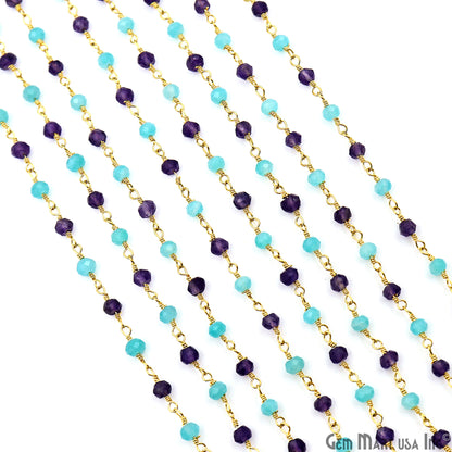 Amethyst & Amazonite Beads 3-3.5mm Gold Plated Wire Wrapped Rosary Chain