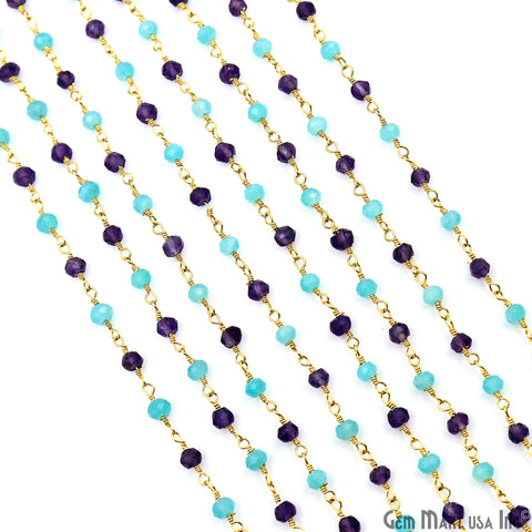 Amethyst & Amazonite Beads 3-3.5mm Gold Plated Wire Wrapped Rosary Chain