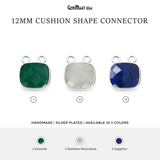 Cushion 12mm Cat Bail Gemstone Silver Bezel Connector