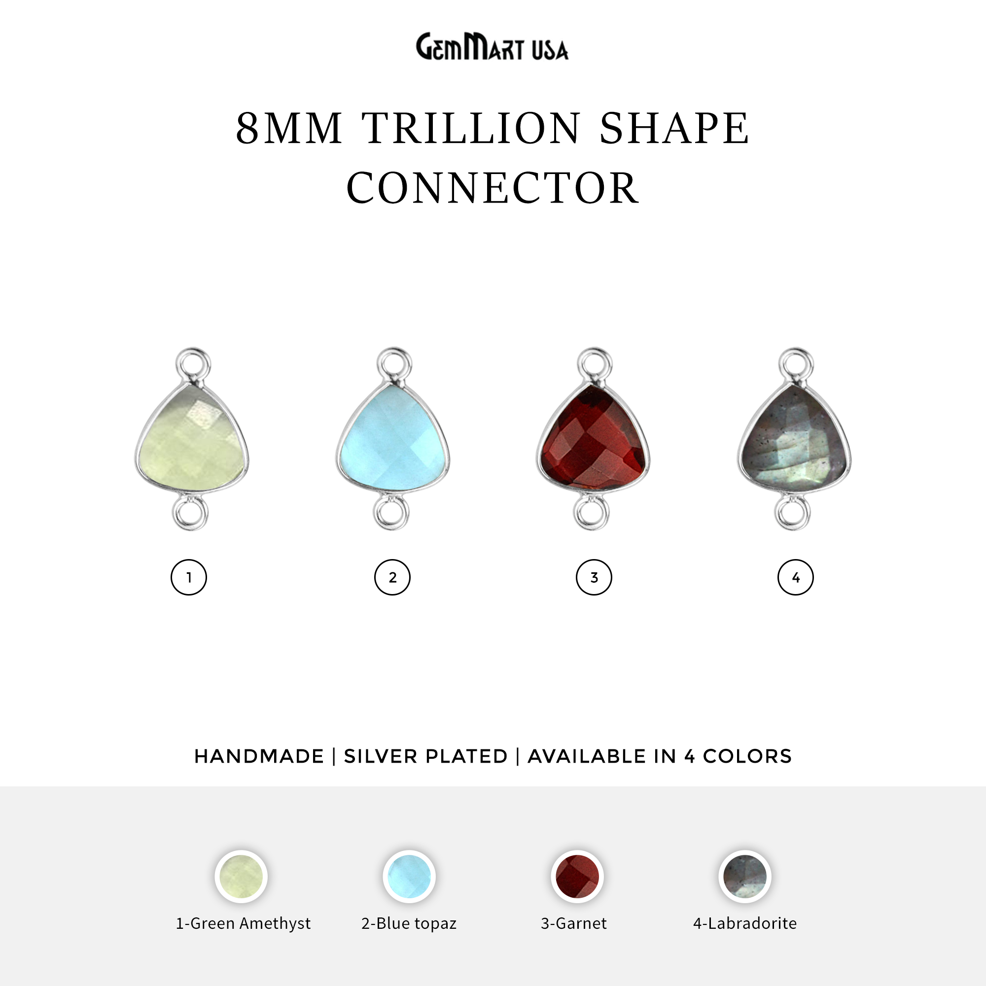 Trillion 8mm Double Bail Silver Bezel Gemstone Connector