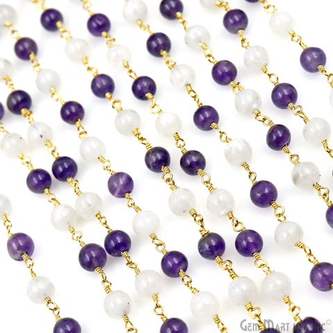 Amethyst & Rainbow Cabochon Beads 5-6mm Gold Plated Gemstone Rosary Chain