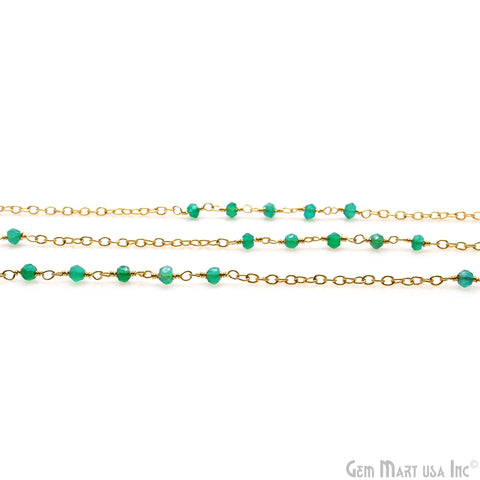 Green Onyx Faceted Gemstone Beaded Gold Plated Wire Wrapped Rosary Chain