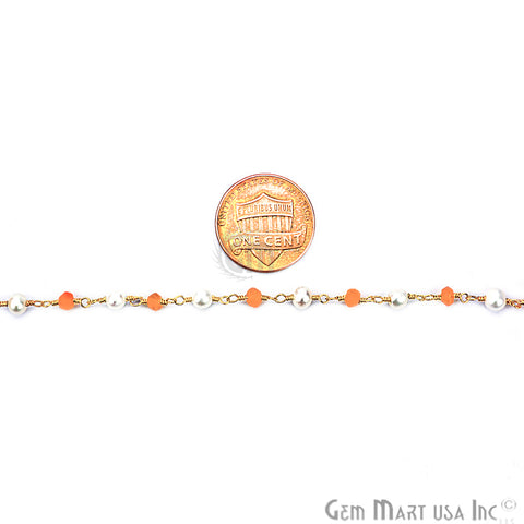 Carnelian With Pearl Gold Plated Wire Wrapped Beads Rosary Chain - GemMartUSA