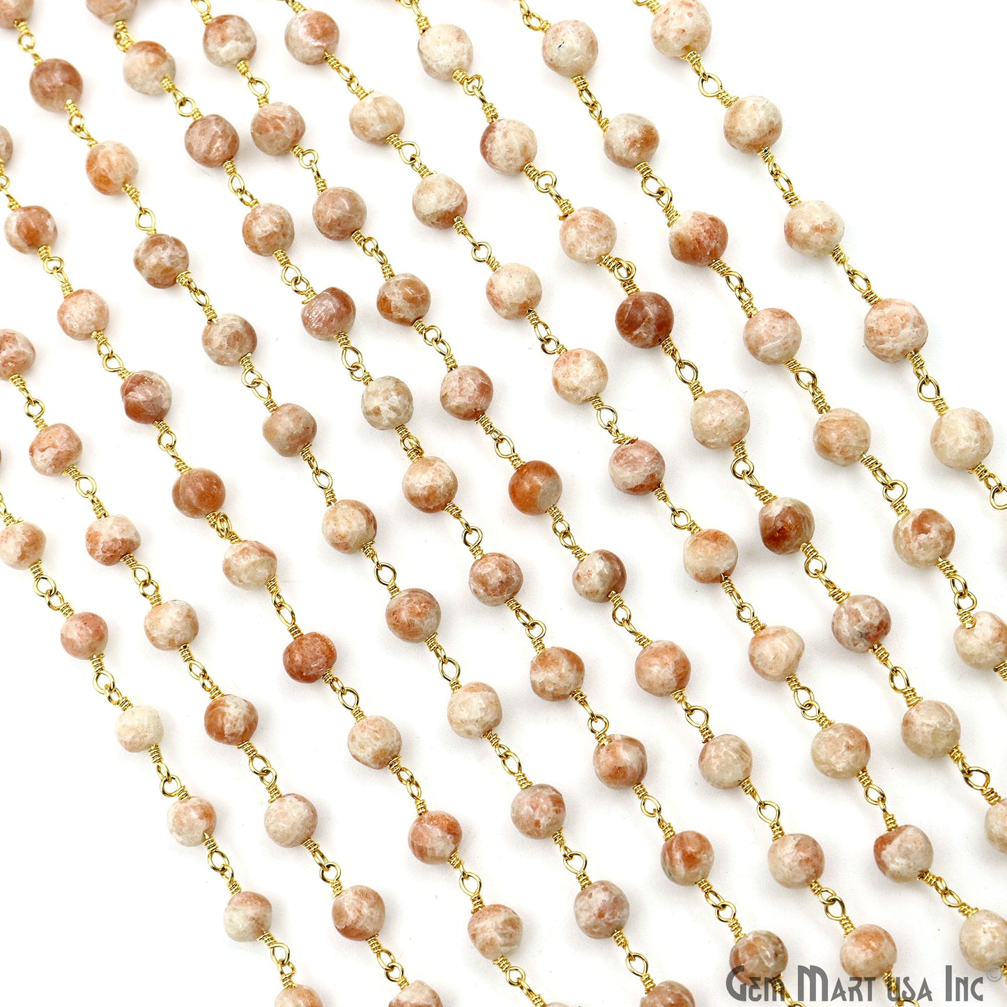 Sunstone Cabochon Beads 5-6mm Gold Plated Gemstone Rosary Chain