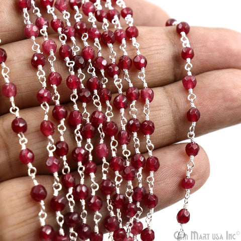 Dark Cherry Jade Beads 4mm Silver Plated Wire Wrapped Rosary Chain