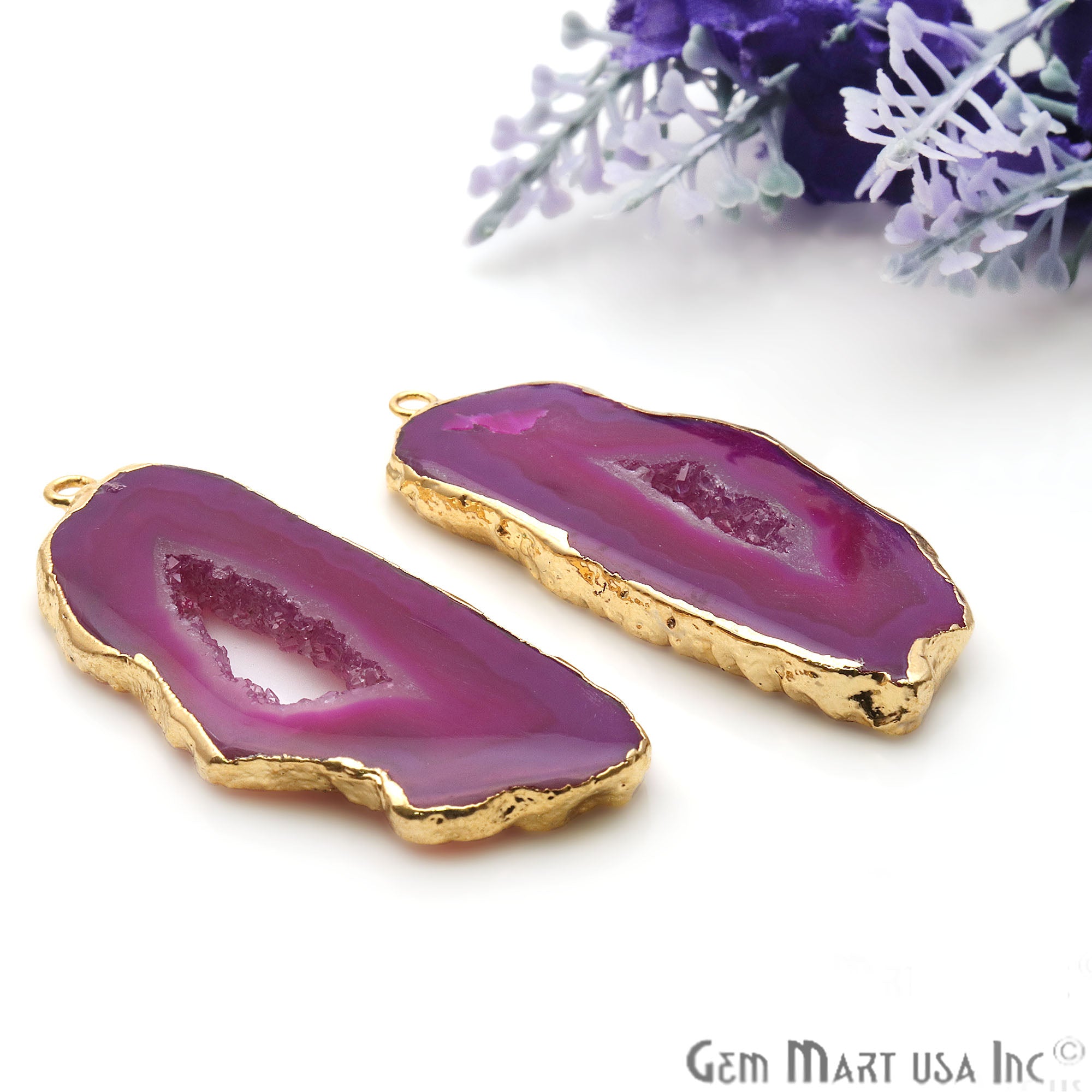 Agate Slice 49x21mm Organic Gold Electroplated Gemstone Earring Connector 1 Pair - GemMartUSA