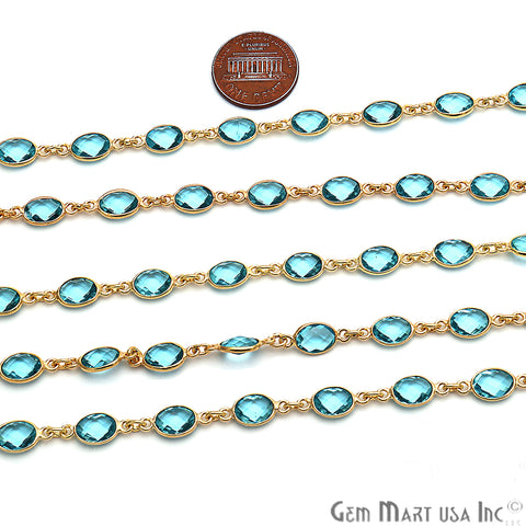 Blue Topaz 7x5mm Oval Bezel Link Gold Plated Continuous Connector Chain - GemMartUSA