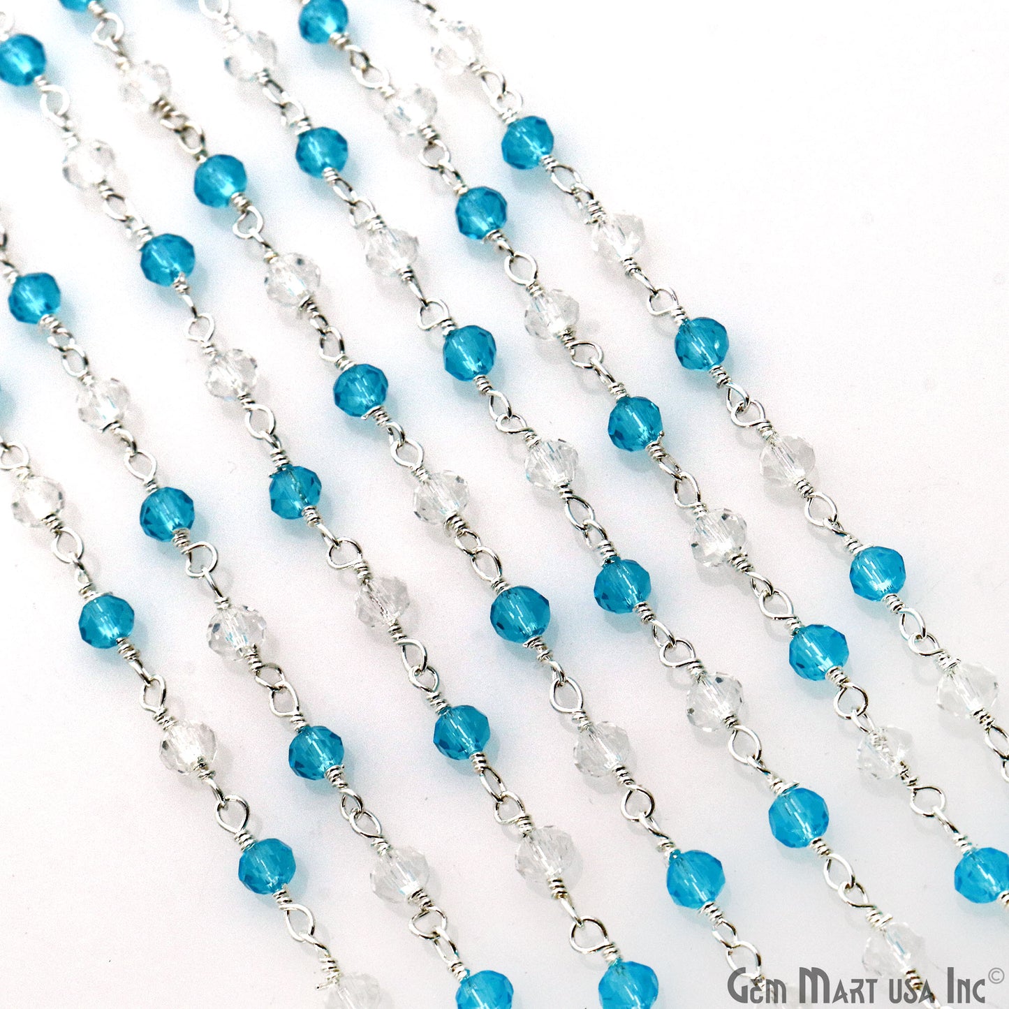 White & Blue Zircon Silver Plated Wire Wrapped Rosary Chain