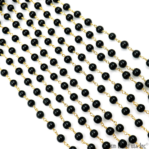 Black Tourmaline Cabochon Beads 6mm Gold Plated Gemstone Rosary Chain