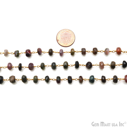 Multi Tourmaline Faceted Beads 7-8mm Gold Plated Wire Wrapped Rosary Chain