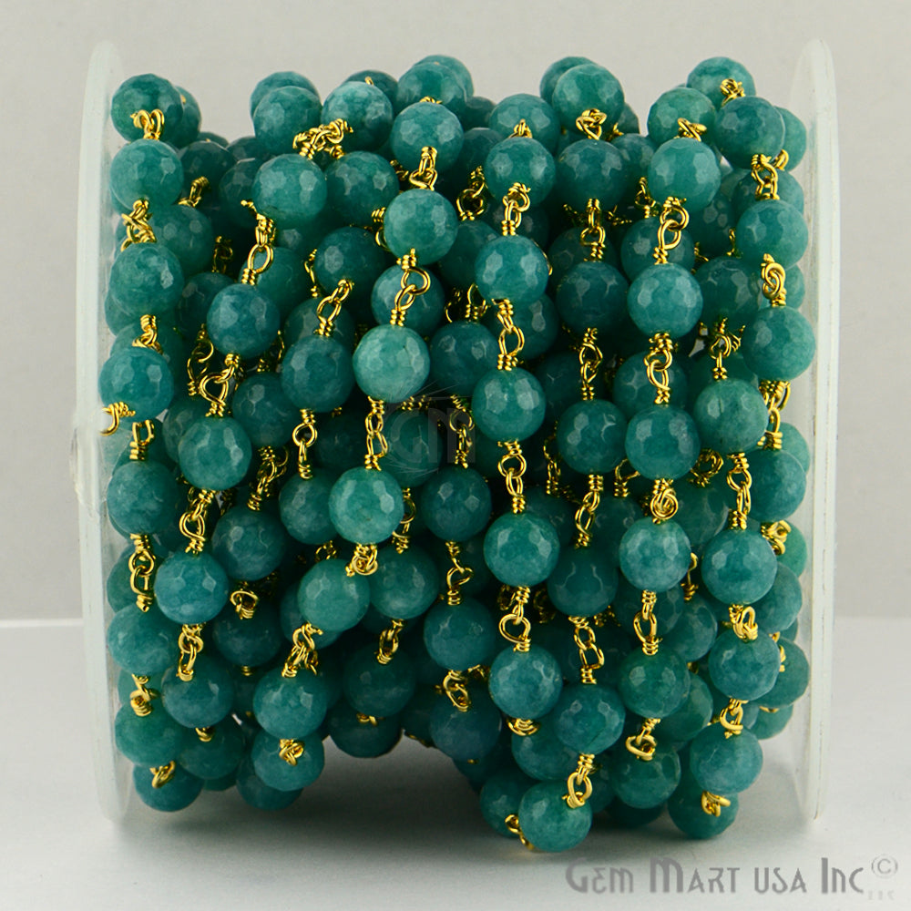 Turquise Green Jade Faceted Beads 8mm Gold Plated Wire Wrapped Rosary Chain - GemMartUSA