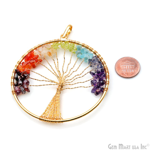 7 Chakra Tree Of Life 79x73mm Gold Wire Wrapped Round Shape Pendant