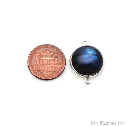 Flashy Labradorite Cabochon 16mm Round Double Bail Silver Plated Gemstone Connector