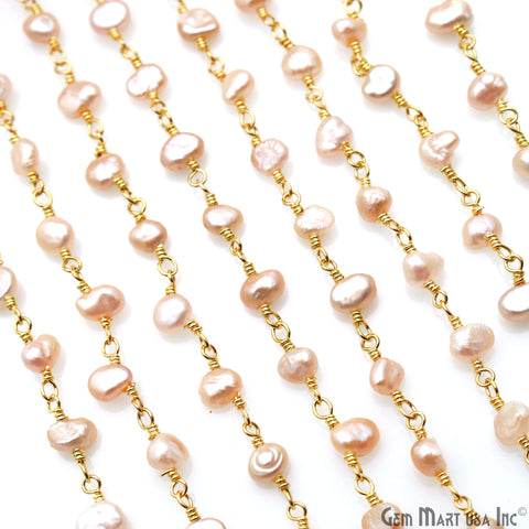 Pink Pearl Free Form 5-6mm Gold Wire Wrapped Beads Rosary Chain