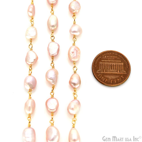 Pink Pearl Nugget Beads 10-15mm Gold Plated Wire Wrapped Rosary Chain
