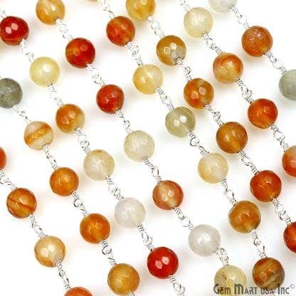 Shaded Carnelian jade Faceted Beads 8mm Silver Wire Wrapped Rosary Chain