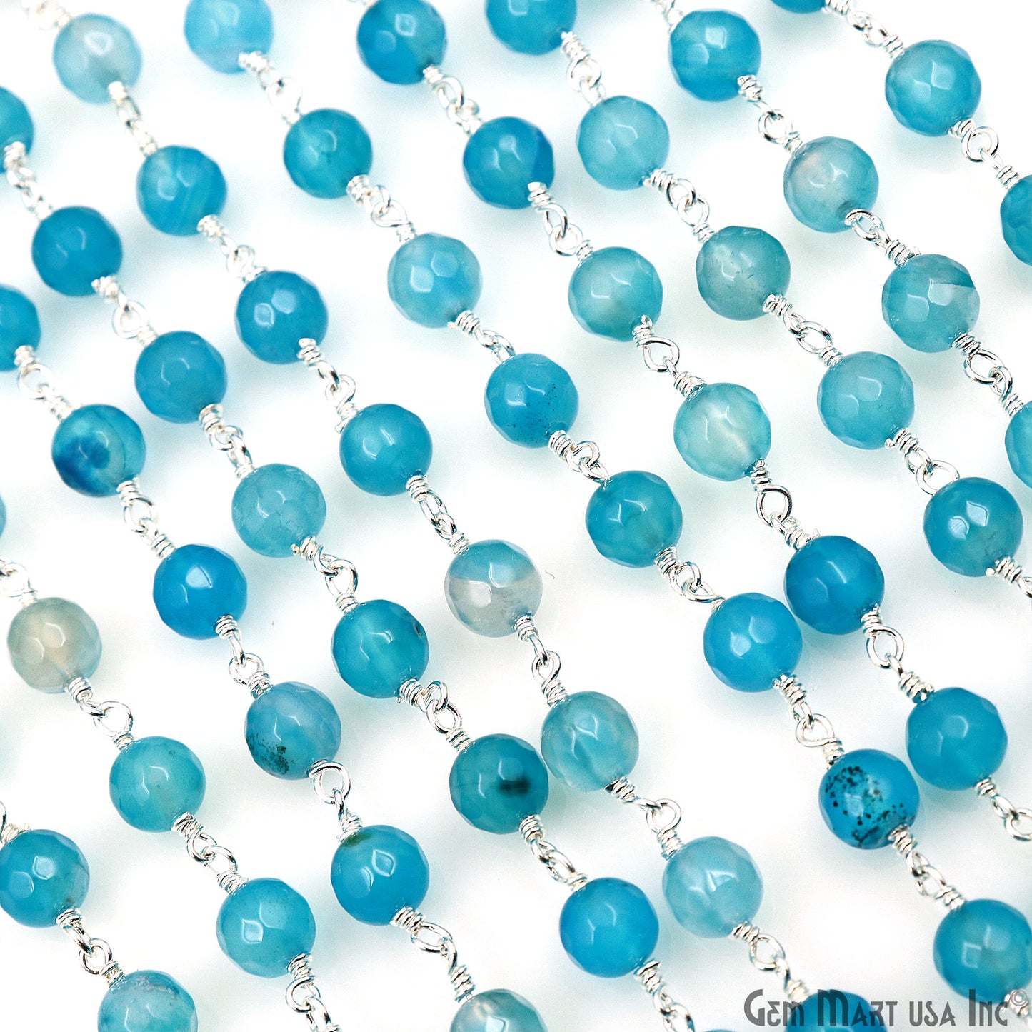 Shaded Blue Jade Cabochon 6mm Beads Silver Wire Wrapped Rosary Chain