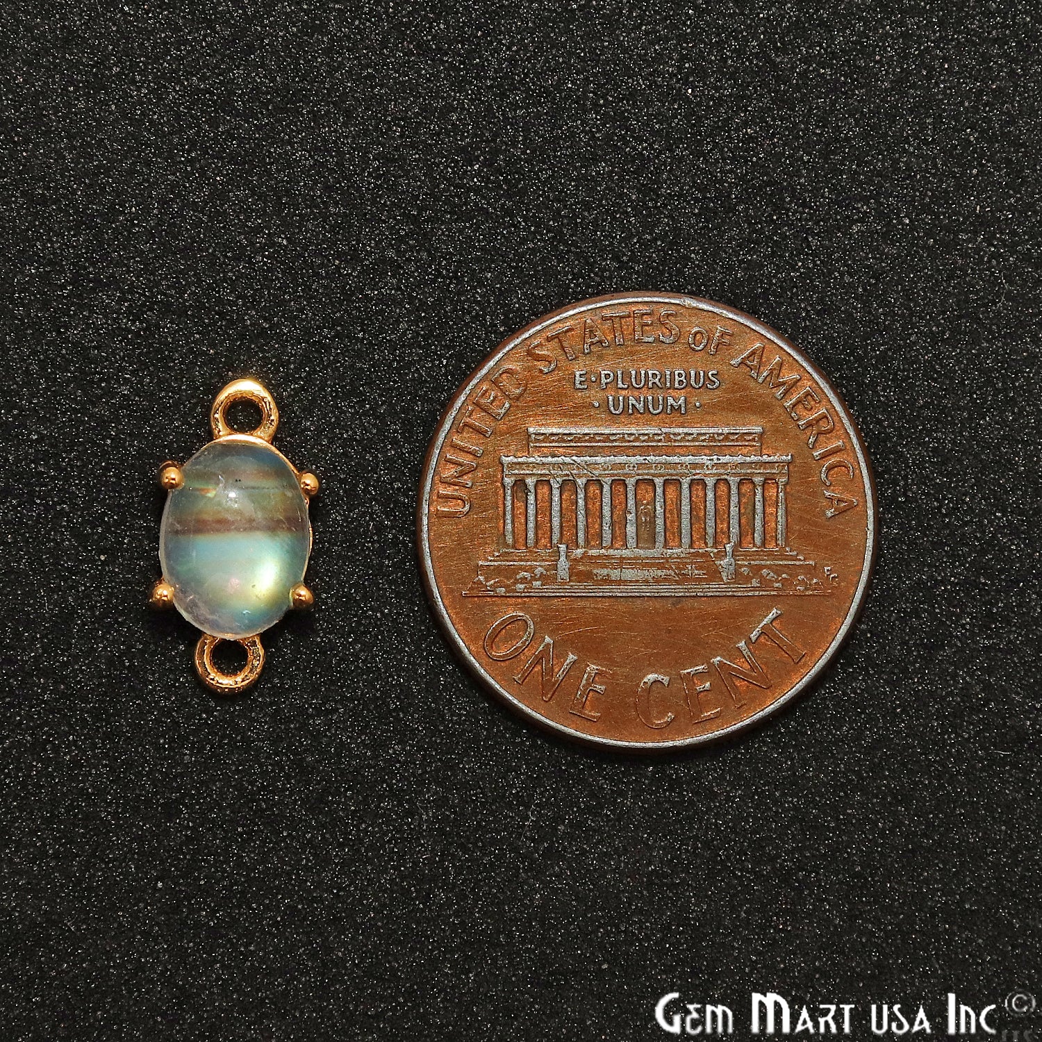 Rainbow Moonstone Cabochon 12x6mm Oval Prong Gold Plated Bail Connector - GemMartUSA