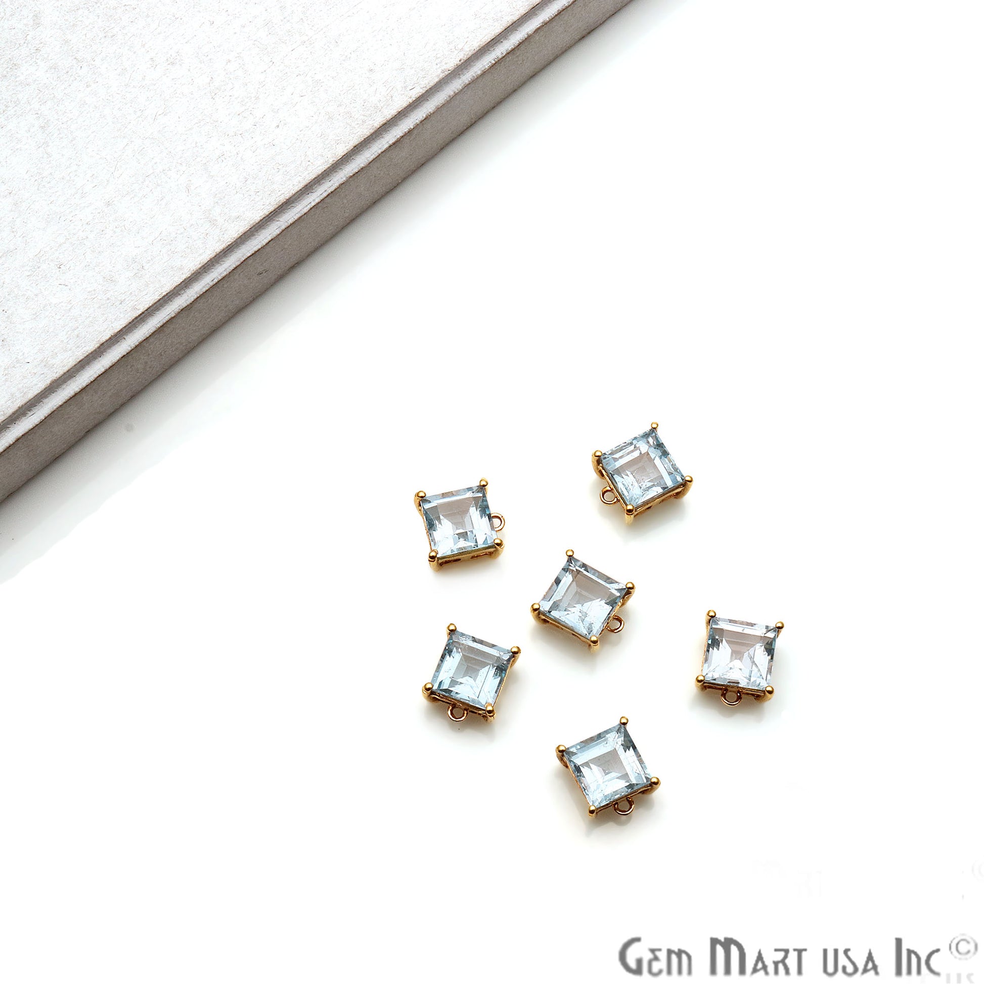 Blue Topaz 9mm Square Gold Plated Prong Setting Gemstone Connector (Pick Bail) - GemMartUSA